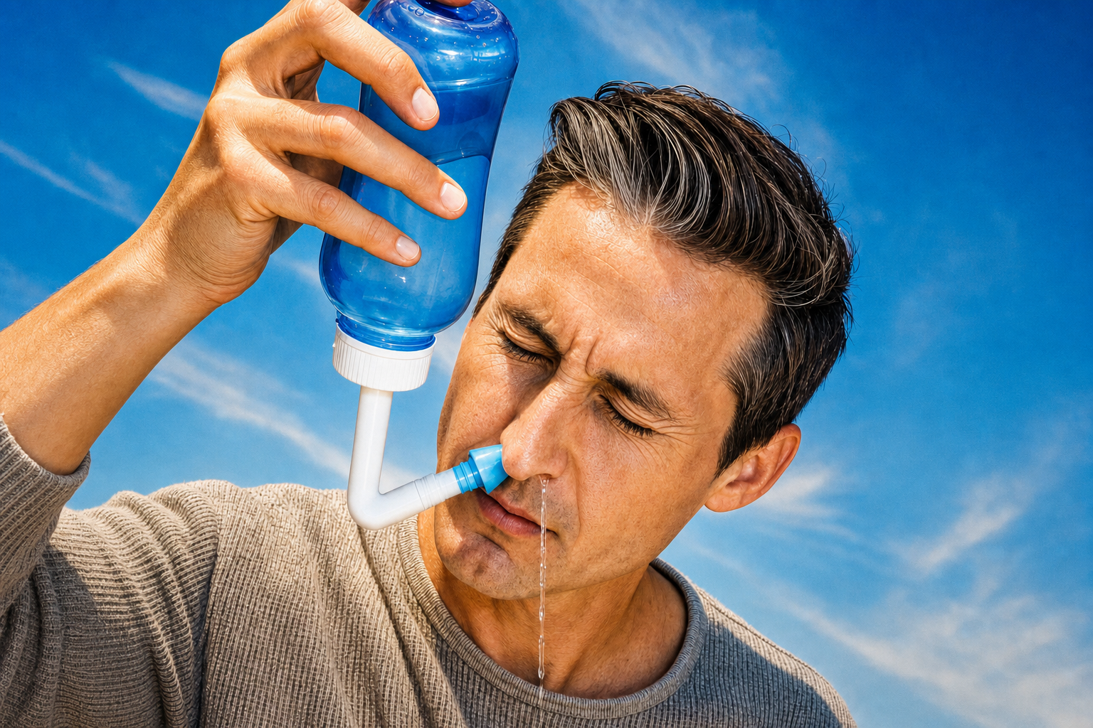 Applying a povidone-iodine nasal rinse, eyes squinting, with liquid flowing through to the other nostril